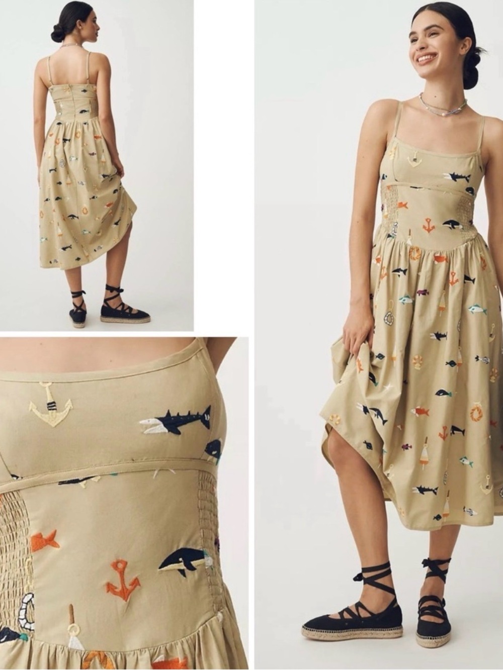 Anthropologie Tan Nautical-Print Midi Sundress